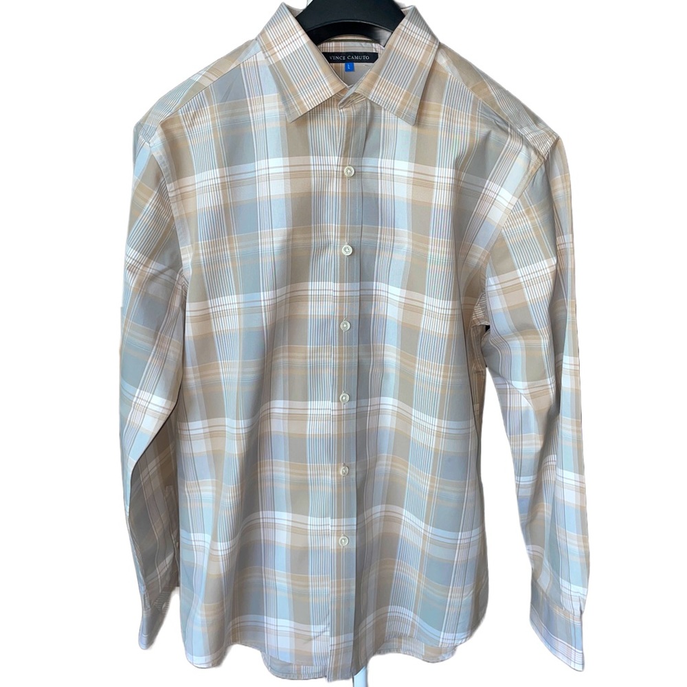 Vince Camuto Khaki & Green Plaid Casual Buttondown Shirt